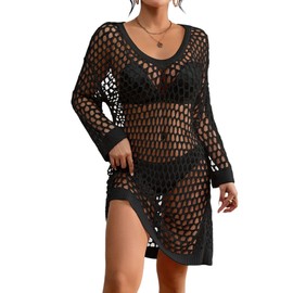 Bsubseach Crochet Swimsuit Coverup for Women Long Sleeve Beach Dress Coverups Sheer Knit Beachwear Vacation Outfits Black XL