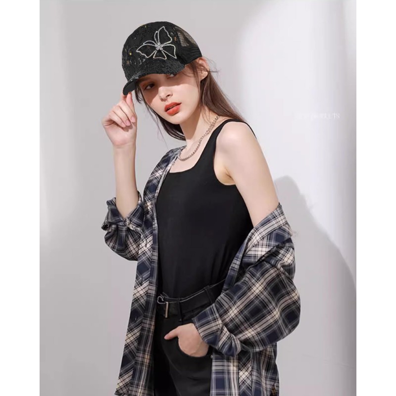 Meliyya Mesh Baseball Cap Rhinestone Butterfly Baseball Cap Summer Sequins