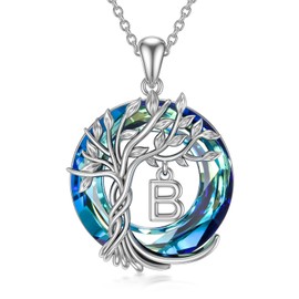 TOUPOP Tree of Life Letter Chain Women's 925 Sterling Silver Tree of Life Initial Letter Pendant Blue Crystal Circle Jewellery Birthday Mother's Day Christmas Gift for Women Mum, Sterling Silver