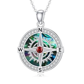 Brisskaari Compass Necklace for Women 925 Sterling Silver Birthstone Compass Medallion Abalone Shell Compass Pendant Necklaces for Vanlentine's Day Mother's Day Graduation Birthday