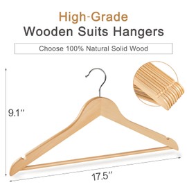 TOPIA HANGER Wooden Coat Hangers 30 Pack, Natural Wood Suit Hangers with Non Slip Pants Bar, 360° Swivel Hook and Shoulder Notches for Camisole, Jacket, Pants, Smooth Finish Clothes Hangers - CT34N30