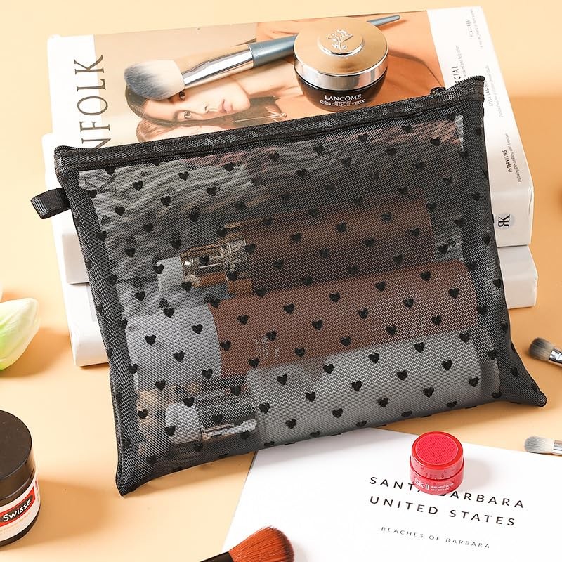 Clapoyis Portable Mesh Cosmetic Pouch, Set of 3 Sizes, Black