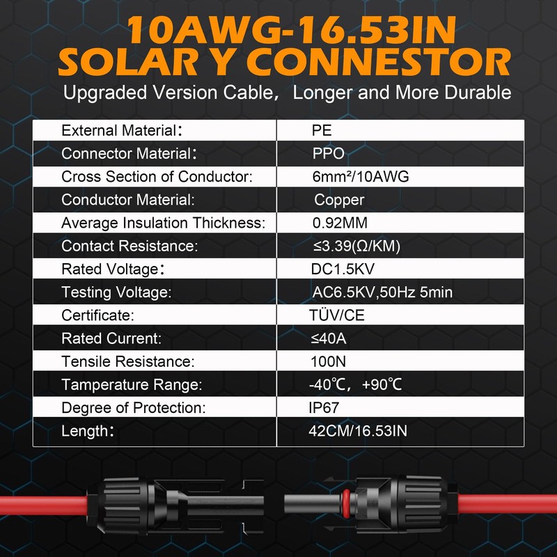 OWINUSTECH Solar Y Connector 10AWG,42CM Solar Connectors Y Solar Parallel
