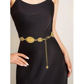 Liutufy Women's Concho Chain Belt Western Cowgirl Metal Waist Chain Belt for Dress (C Gold-L)