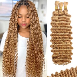 Bizvus 22inch Human Braiding Hair for Boho Braids 110g Deep Wave Boho Bulk Human Hair for Braiding Knotless 12A Wet and Wavy Bulk Bohemian Curly 3 Bundles/Pack #27 Honey Blonde Color