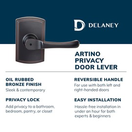 Delaney Callan Hardware Artino Privacy Door Handle, Fits Door 1-3/8 to 1-3/4 in. Thick, Edged Oil Rubbed Bronze –Reversible Left/Right-Handed Bed & Bathroom Push Button Door Lever –Easy to Install