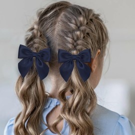 3.5 Inch Cheer Bow Clips for Women Girls Thick Ribbon Boutique Alligator Clips with Tails Hair Accessories for Older Kids Children Young Girls 2 Pcs (Navy Blue)