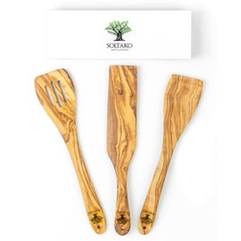 SOLTAKO High-Quality Spatula in Practical Set of 3 Made of High-Quality Olive Wood, Spatula, Kitchen Aid Made of Olive Wood, Handmade, Scratch-Resistant Spatula, Approx. 30 cm