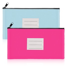 COZEFFIC 2-Pack Bank Deposit Money Bags with Zipper, 11 x 6 Inches, PU Leather Cash Pouches with Label, for Coins, Cosmetics, Bills, Tools, Hot Pink & Light Blue