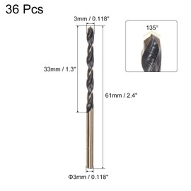 uxcell 36pcs Jobber Drill Bits 3mm (0.118") Black Nitride & Gold Titanium Coated M2 High Speed Steel (HSS) Twist Drill Bits for Stainless Steel Aluminum Alloy Metal
