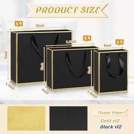 Yeaqee 12 Sets Metallic Paper Gift Bags with Handle Tissue Paper Include 8", 10", 13" Thank You 5 Senses Gift Bags for Him Her Birthday Wedding Bridal Baby Shower Groomsmen Favor(Black, Gold)