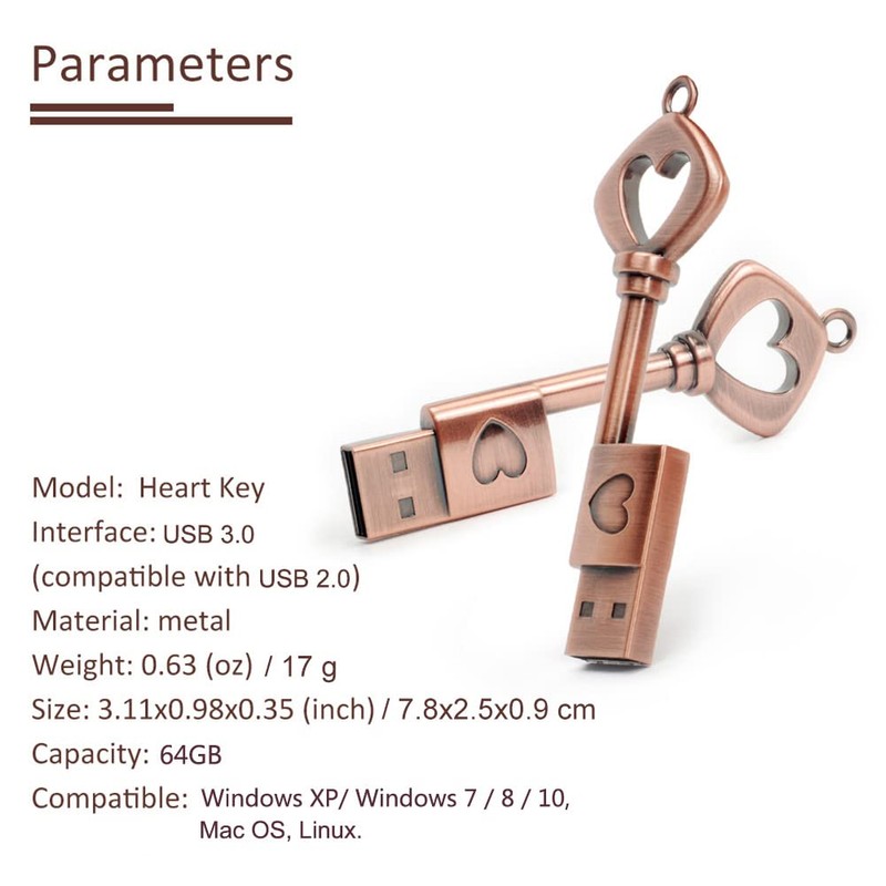 BorlterClamp USB Flash Drive Retro Metal Heart-Shaped Key Shaped Memory