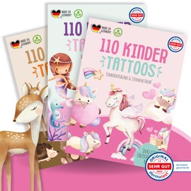MeinBaby123® 330 Skin-Friendly Children's Tattoos for Girls, Set of 3 Skin Tattoos, Unicorns, Fairies, Mermaids & Animal Motifs, Vegan & Made in Germany (Set of 3, Pink Friends & Forest Animals)