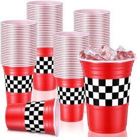 Funnymoom 50 Pcs Checkered Car Plastic Cups 16 oz Racing Party Theme Decorations Disposable Black and White Checkered Cup Hot Cold Drink for Car Theme Birthday Party Supplies