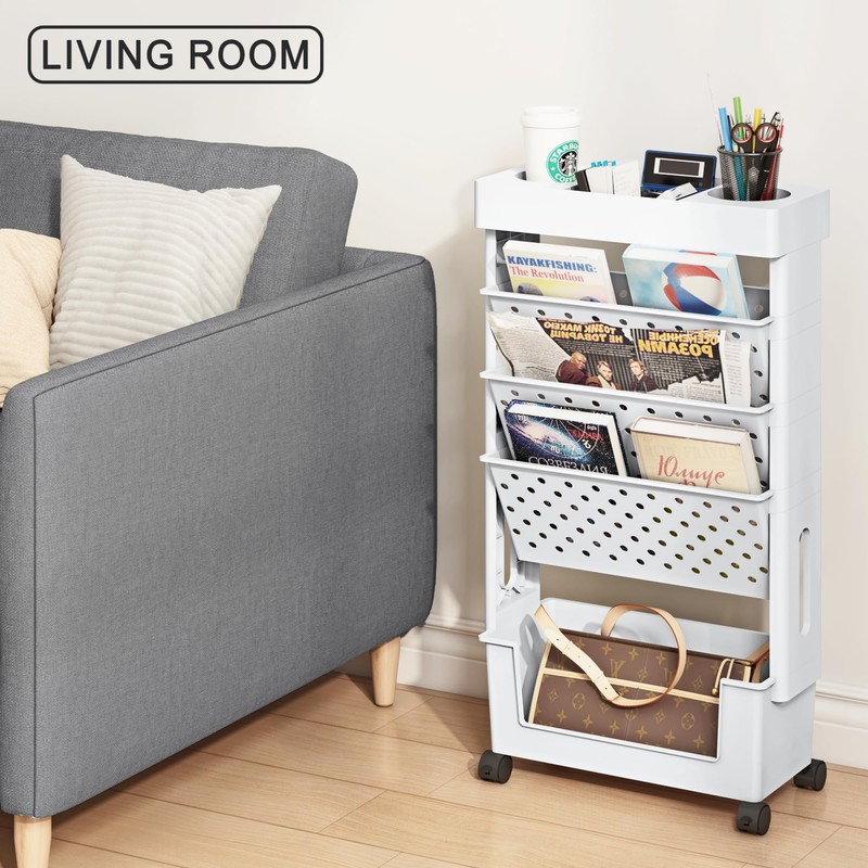 yeavs 5-Tier Mobile Bookshelf, Rolling Bookcase Book Storage Rack, Movable