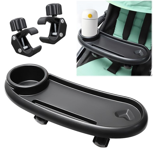 HIULLEN Snack Tray for Prams, Universal Pram Tray, 3-in-1 Drink Holder, Pram Phone Holder with Adjustable Clip, Accessories for Most Removable Pram Armrests
