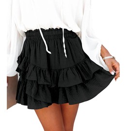 Flowy Shorts for Women Casual Boho Ruffle Tiered Skorts High Waist Mini Skirt Tennis Date Night Country Concert Skater Skort - Black L