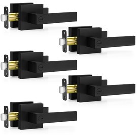 Plustool 5 Pack Matte Black Door Handles, Keyless Interior Door Knobs, Privacy Door Lever Locksets for Bedroom Bathroom, Heavy Duty Square Door Lock (2.0lb), Reversible for Left&Right Handled Doors