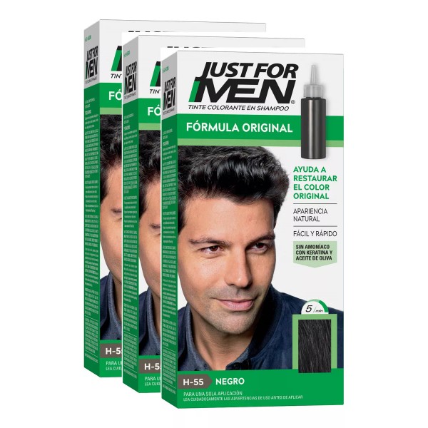 Just For Men  Tintura Shampoo Just For Men Tono Negro Formula Original Kit X 3 Unidades - Sin Amoniaco -  Solo 5 Minutos - Rapido Y Facil -