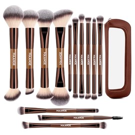 Maange Set Profesional Brochas Maquillaje Doble Punta Usos Kit Completo Base Líquida Polvo Contorno Corrector Sombras Ojos Café
