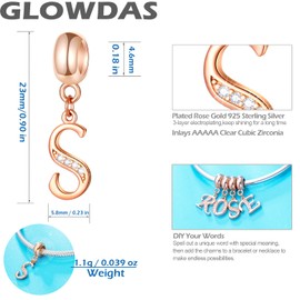 GLOWDAS Rose Gold Letter Charms Initial A-Z Alphabet Beads, 925 Sterling Silver Dangle CZ Birthstone Pendant, Mother's Day Birthday Gifts for European Charm Bracelet, Sterling Silver Rose Gold Cubic