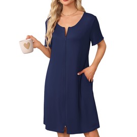 Ekouaer Womens' Zipper Robe Short Sleeve Bathrobes Summer Sleepwear Soft Housecoat with Pockets Zip Up House Robes Navy Blue 3XL