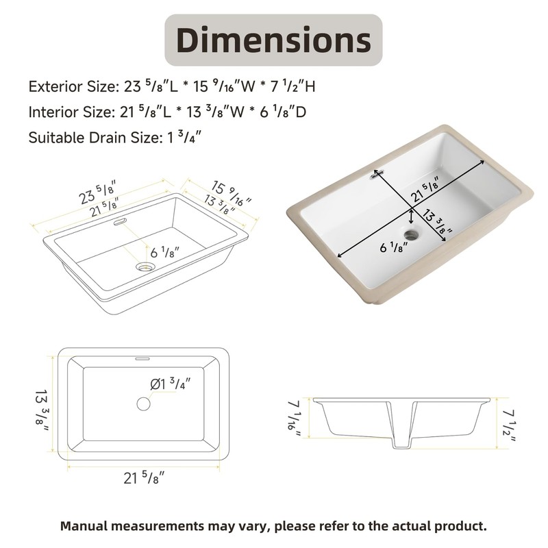 24 Inch Rectangular Undermount Bathroom Sink, Los Flexi 24" x