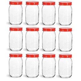 Nakpunar 12 pcs 16 oz Mason Jars with Red Lids - Made in USA - 1 Pint (16 oz, Red)