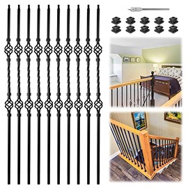Muzata 10pack 44'' Wrought Iron Balusters for Staircase Interior Exterior Deck Black Double Basket Twist Hollow Metal Spiral Balusters Spindles Decorative Stair Parts, WT05