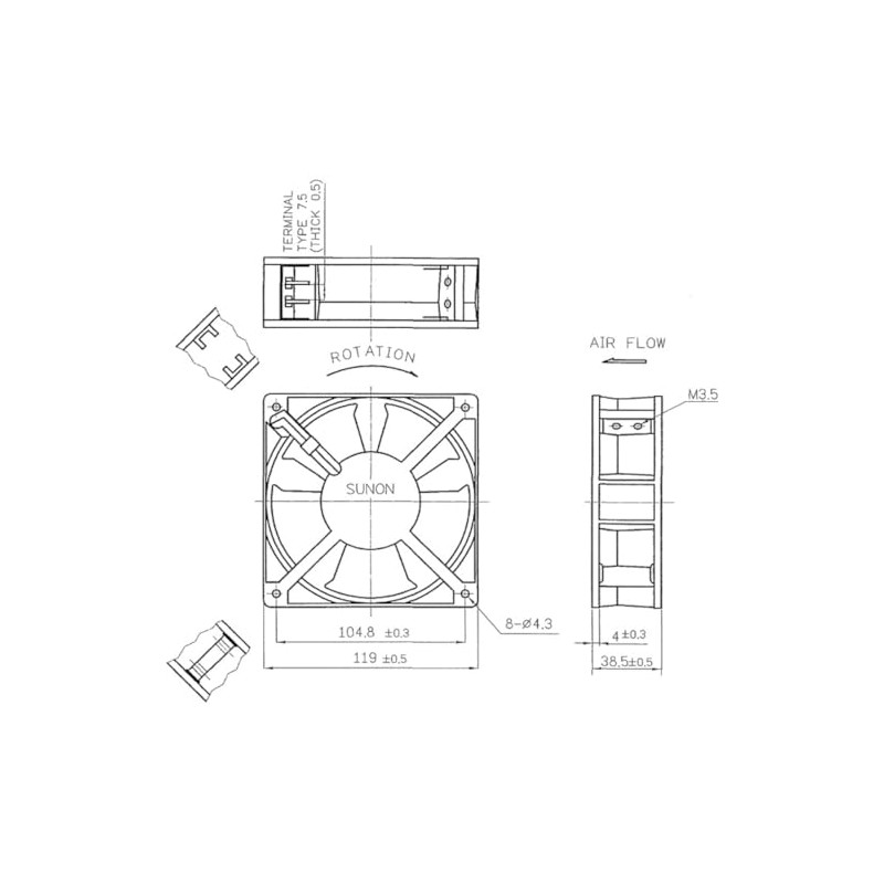 Sunon, Fan Item No.: DP200A2123XST External Dimensions: 120x120x38 mm, AC,