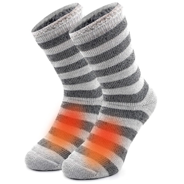 Busy Socks Winter Warm Thermal Socks for Men Women, Extra Thick Insulated Heated Crew Boot Socks for Extreme Cold Weather, 1 Pair Light Grey Stripe, Large