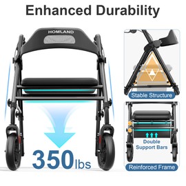 HOMLAND Foldable Rollator Walkers with Seat for Seniors, 8'' Big Wheels, 350 lb. Weight Capacity, Adjustable Handles and Seat Height, Lightweight Rolling Walker, Black