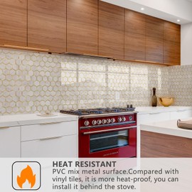 STICKGOO Hexagon Peel and Stick Backsplash Tile, Stick on Backsplash for Kitchen and Bathroom, Glossy Eurasian Wood Grain PVC Mixed Metal Gold Self Adhesive Wall Tiles(10 Sheets, Seamless)