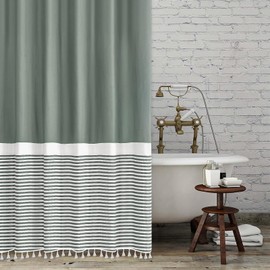 Seasonwood Shower Curtain with White Tassels Modern Farmhouse White Striped Sage Green Shower Curtains for Bathroom 72 x 72 inch Waterproof Fabric Shower Curtain Set