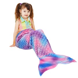 Mermaid Tail Blanket, Soft Warm Plush Fleece Sleeping Bag Snuggle Blanket for Teens 155 x 48 cm Rainbow Ombre, Fish Scale Pattern, Fantasy Mermaid