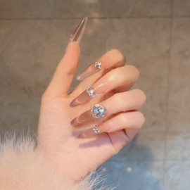 Glossy Fake Nails Charming Long Champagne-Colored,Dazzling Stick On Nails That Embellish The Hand Shape And Easy To Wear Party Nails (ChampagneL, Short)