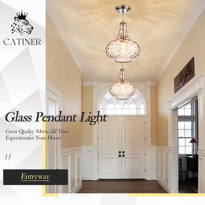 CATINER 11" Amber Hammered Glass Pendant Light, Blown Glass Hanging