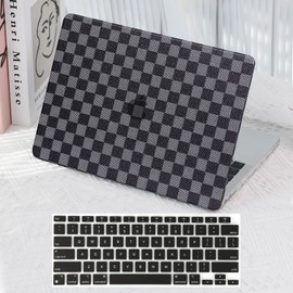 Checkered Case for MacBook Pro 13 Inch 2025-2016 M2 M1 A2338 A2289 A2251 A2159 A1989 A1706 A1708, Classy Luxury Textured Checker Checkerboard Grid PU Leather Hardshell & Keyboard Cover, Blue Grey