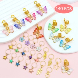 NAISKA 140Pcs Gold Butterfly Hair Jewelry for Braid Colorful Star Flowers Loc Dreadlocks Hair Accessories Colorul Acrylic Loc Bead Braid Accessories Hair Coils Rings Cuffs
