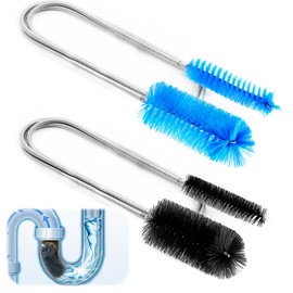 2 Pcs Flexible Drain Pipe Cleaning Brush, 36" Extra Long Double Ended Nylon Bristles and Stainless Steel Tube Cleaners, 2 Brush Head Sizes for Kitchen Sink, Pipe and Hose Cleaning (Black+Blue)