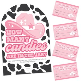 Big Dot of Happiness Rodeo Cowgirl – How Many Cardies Pink Western Party Game – 1 soporte y 40 cartas – Juego de adivinar caramelos