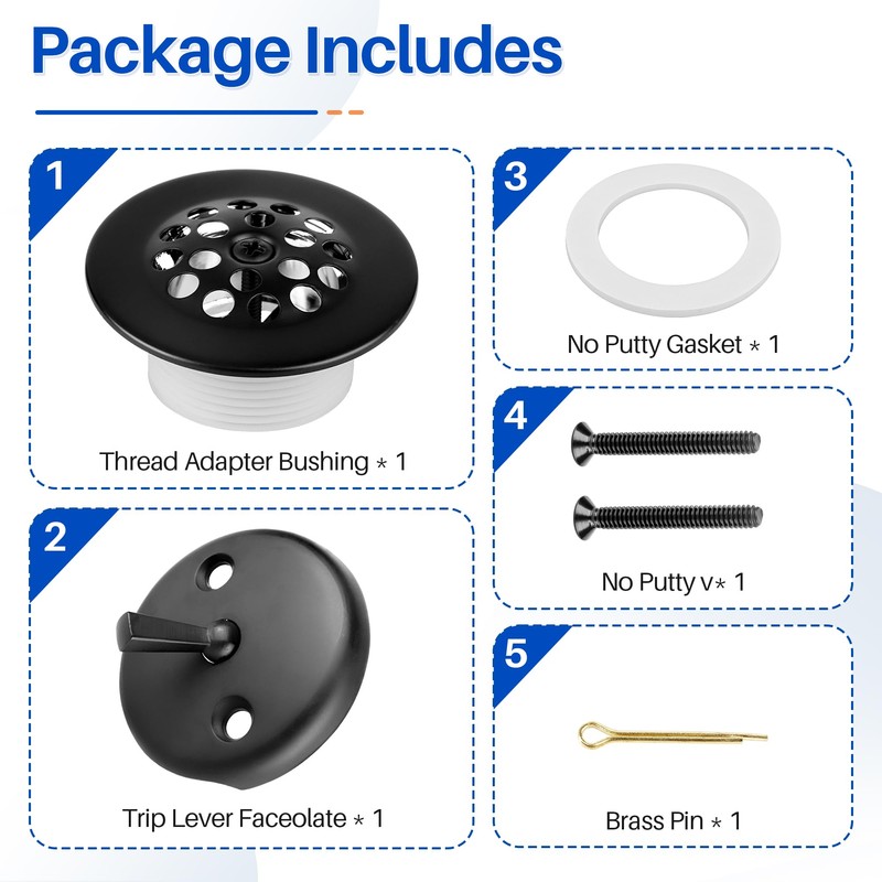 Trip Lever Bathtub Drain Kit with Strainer - No putty