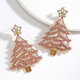 Christmas Tree Dangle Earrings for Women, Glitter Chritsmas Tree Holiday Earrings with Spakling Rhinestone, Xmas Earrings for Festival Jewelry Gift (Pink)