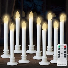 CelebrationLight 10 Pack Flameless Taper Candles with Remote/Timer, Battery Operated Flickering LED Window Candles, Vintage Christmas Electric Fake Candlesticks, White Holder