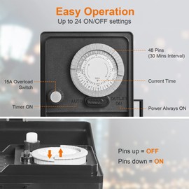 SURAIELEC Outdoor Power Stake Timer, 24-Hour Mechanical Light Timer, Electrical Power Strip Weatherproof, 6FT Extension Cord Multiple Outlet Plug Splitter for Patio Lights, Christmas Decorations