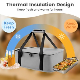quiheat Insulated Casserole Carrier Bag for Hot or Cold Food, Portable Snackle Bags Keep Contanier Thermal and Cooling, Carrying 11x15 Baking Pan,Travel Picnic Cake Dessert Warmer /Cooler Carriers Boxes, Grey