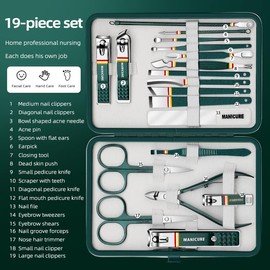 Stainless Steel Manicure Pedicure Kit, 19-in-1 Set, Professional Nail Clippers, Beauty Tools for Women and Men (Green)