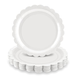 LRQSM 50 Pcs White Paper Plates 9 Inch Disposable Scalloped Dinner Plates White Dessert Plate Party Plate for Baby Shower, Wedding, Birthday
