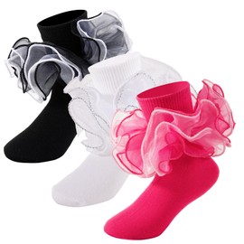 MKYSZLT Toddler Girls Ruffle Socks Girl Black Lace Frilly Dress Socks Turn Cuff Sock with Big Ruffles for Baby Little Kids (US, Age, 6 Years, 8 Years, 3 pairs - black,white,hot pink)