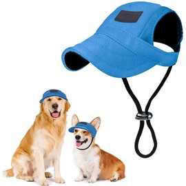 Pet Sun Hat Dog Baseball Cap Sun Protection with Adjustable Chin Strap Ear Holes Visor Sunbonnet for Outdoor Activities (Blue, L)